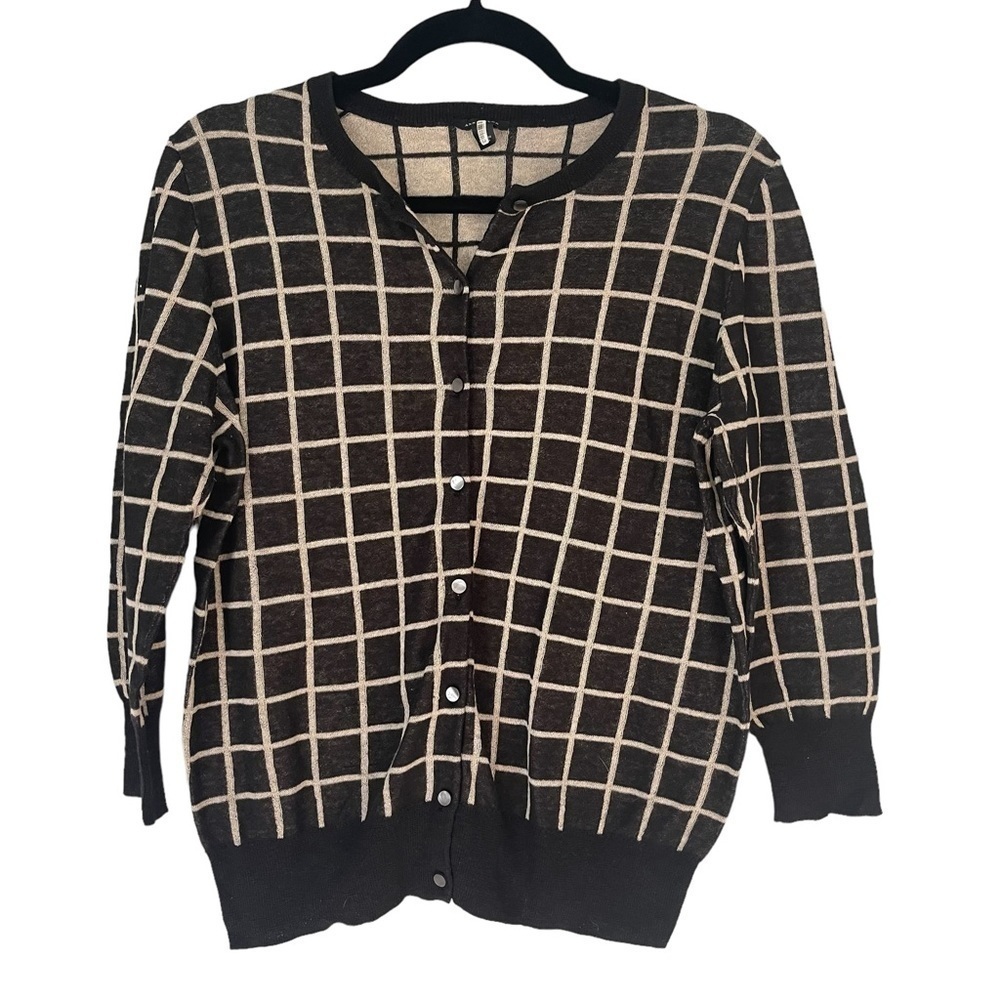 Ann Taylor Cardigan Sweater Checkered Women Size L Career Casual Cotton Blend